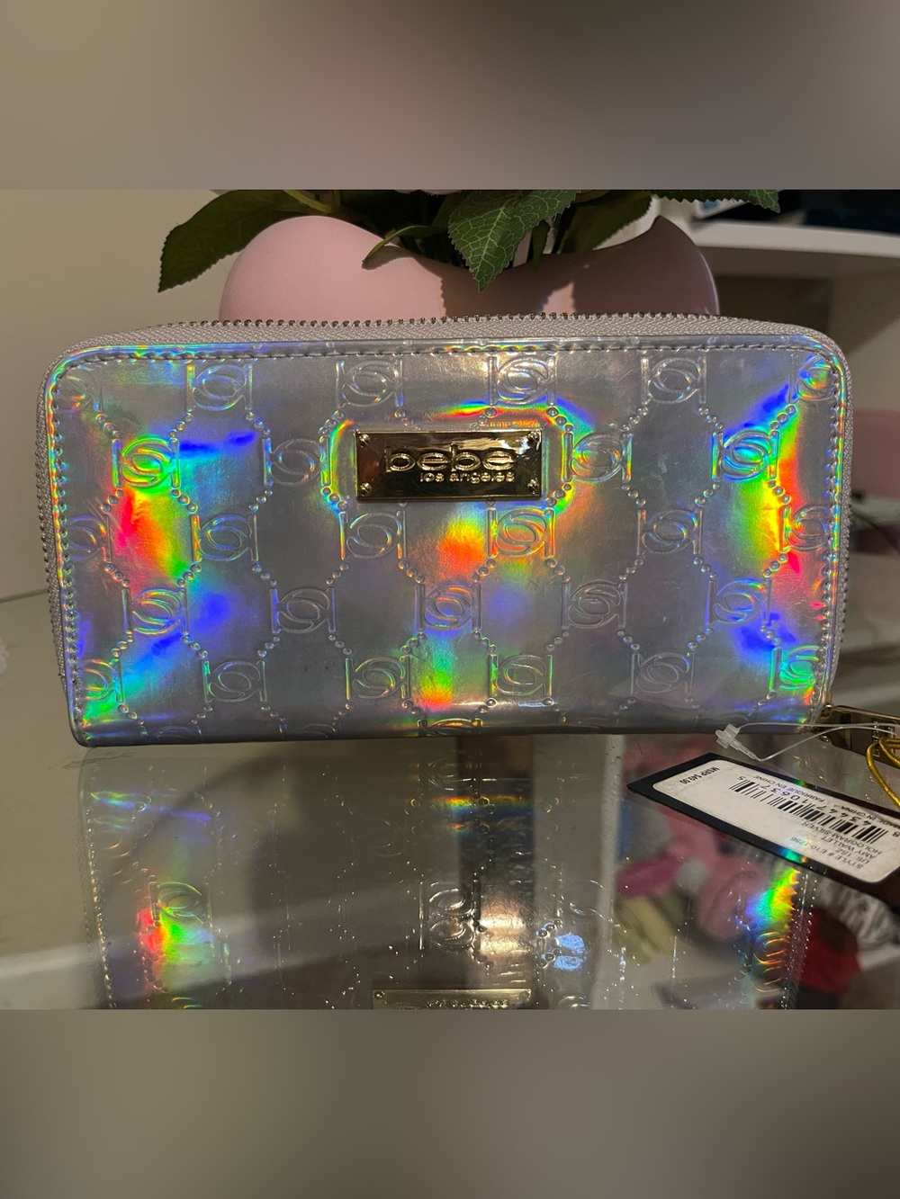 bebe Holographic Iridescent Cosmetic Pouch in Silver